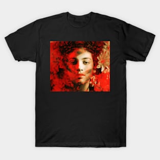 Beautiful girl face, near flowers. Red light. Sof part and rough dark part. T-Shirt